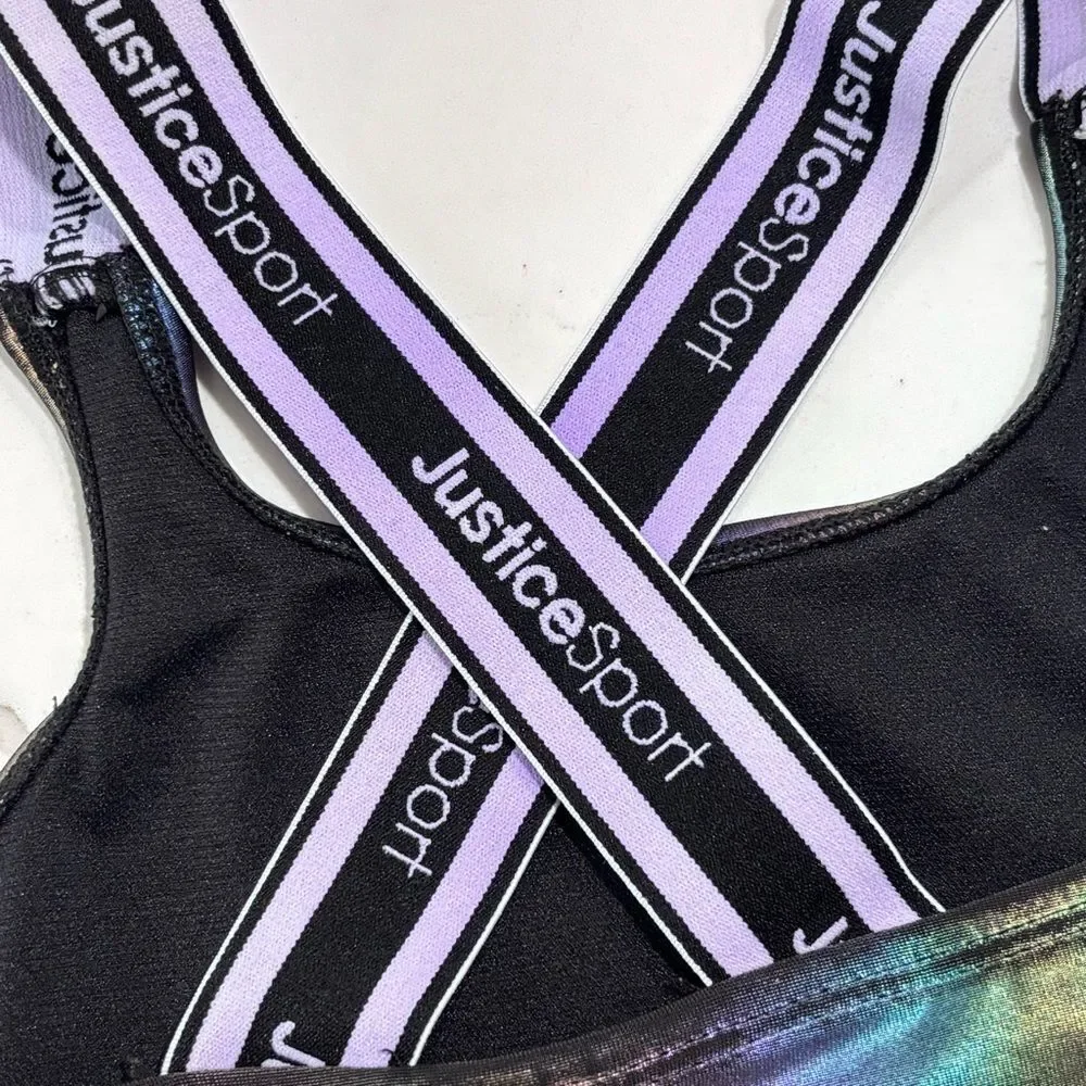 Justice Sport Girls Black Shimmery Takini Swim Top Bikini Size S 7/8 Sports Bra